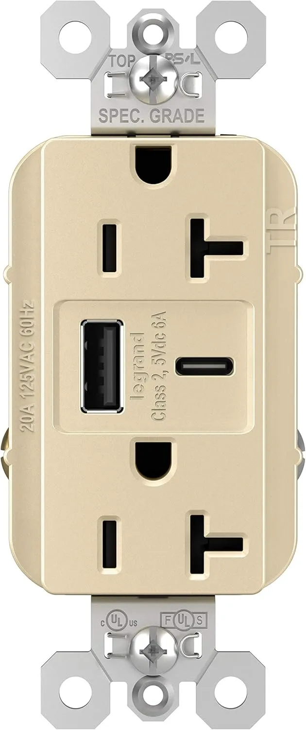 Legrand Pass & Seymour TR20USBAC6I 20 Amp Tamper-Resistant Heavy-Duty Specification Grade Decorator Duplex Receptacle Outlet with Ultra Fast USB A/C 6.0A Charging Ports, Ivory (1 Count)