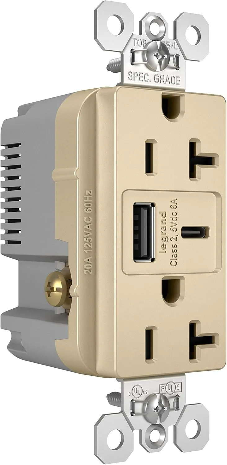 Legrand Pass & Seymour TR20USBAC6I 20 Amp Tamper-Resistant Heavy-Duty Specification Grade Decorator Duplex Receptacle Outlet with Ultra Fast USB A/C 6.0A Charging Ports, Ivory (1 Count)