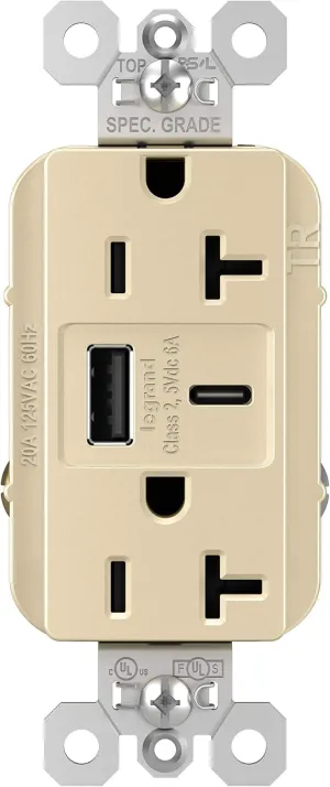 Legrand Pass & Seymour TR20USBAC6I 20 Amp Tamper-Resistant Heavy-Duty Specification Grade Decorator Duplex Receptacle Outlet with Ultra Fast USB A/C 6.0A Charging Ports, Ivory (1 Count)
