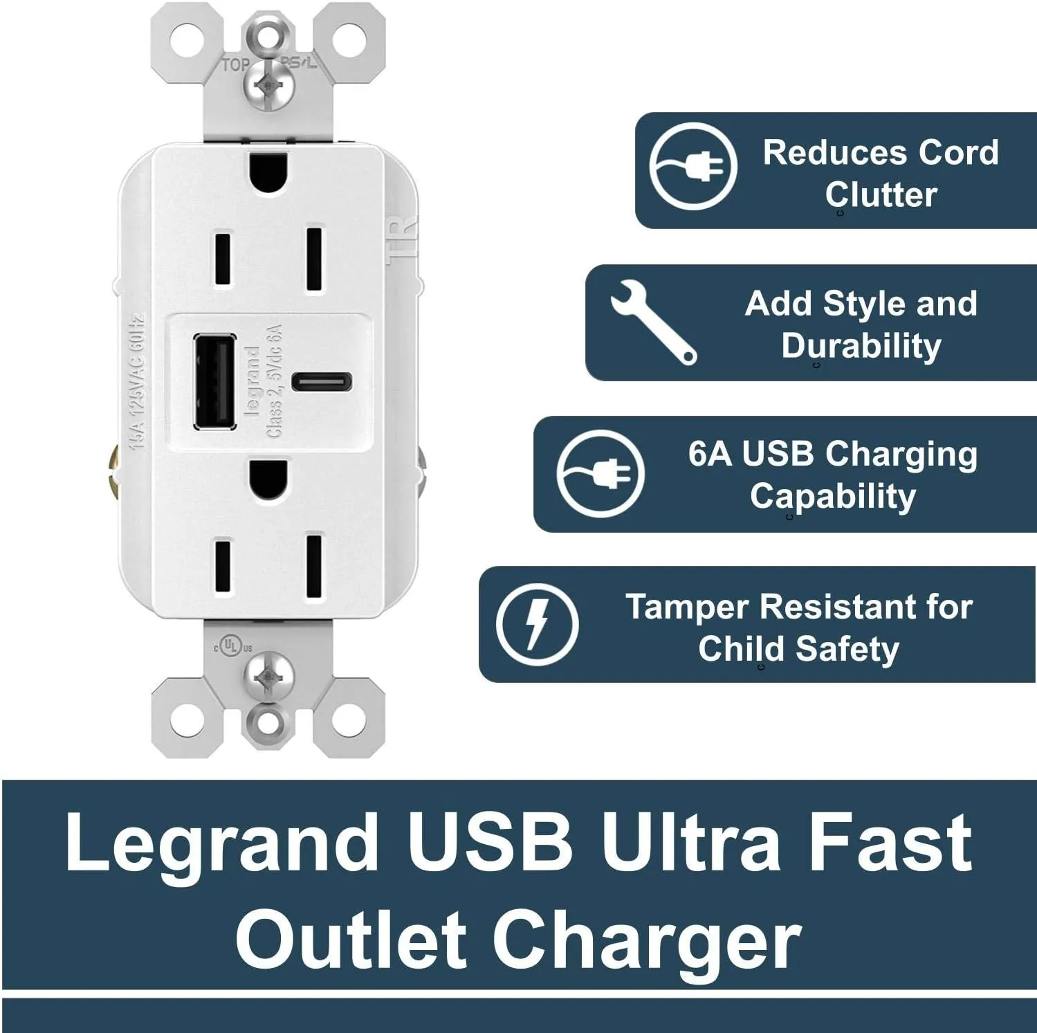 Legrand radiant R26USBAC6W 15 Amp Tamper-Resistant Decorator Duplex Receptacle Outlet with Ultra Fast USB A/C 6.0A Charging Ports, White (1 Count)