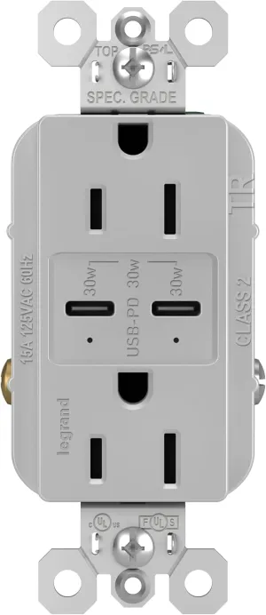 Legrand radiant R26USBPDGRY 15 Amp Tamper-Resistant Decorator Duplex Receptacle Outlet with Ultra Fast USB C/C 6.0A Charging Ports PLUS 30W Power Delivery, Gray (1 Count)