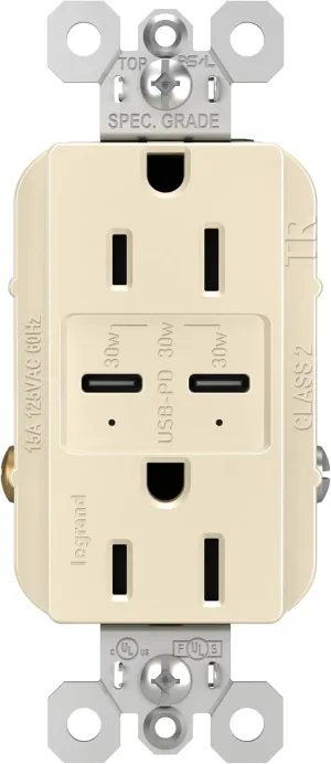 Legrand radiant R26USBPDLA 15 Amp Tamper-Resistant Decorator Duplex Receptacle Outlet with Ultra Fast USB C/C 6.0A Charging Ports PLUS 30W Power Delivery, Light Almond (1 Count)