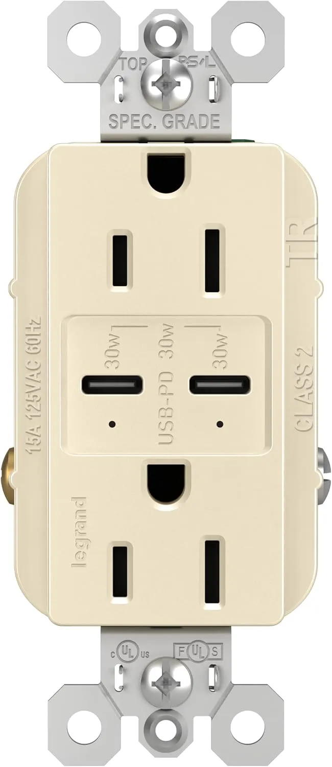 Legrand radiant R26USBPDLA 15 Amp Tamper-Resistant Decorator Duplex Receptacle Outlet with Ultra Fast USB C/C 6.0A Charging Ports PLUS 30W Power Delivery, Light Almond (1 Count)