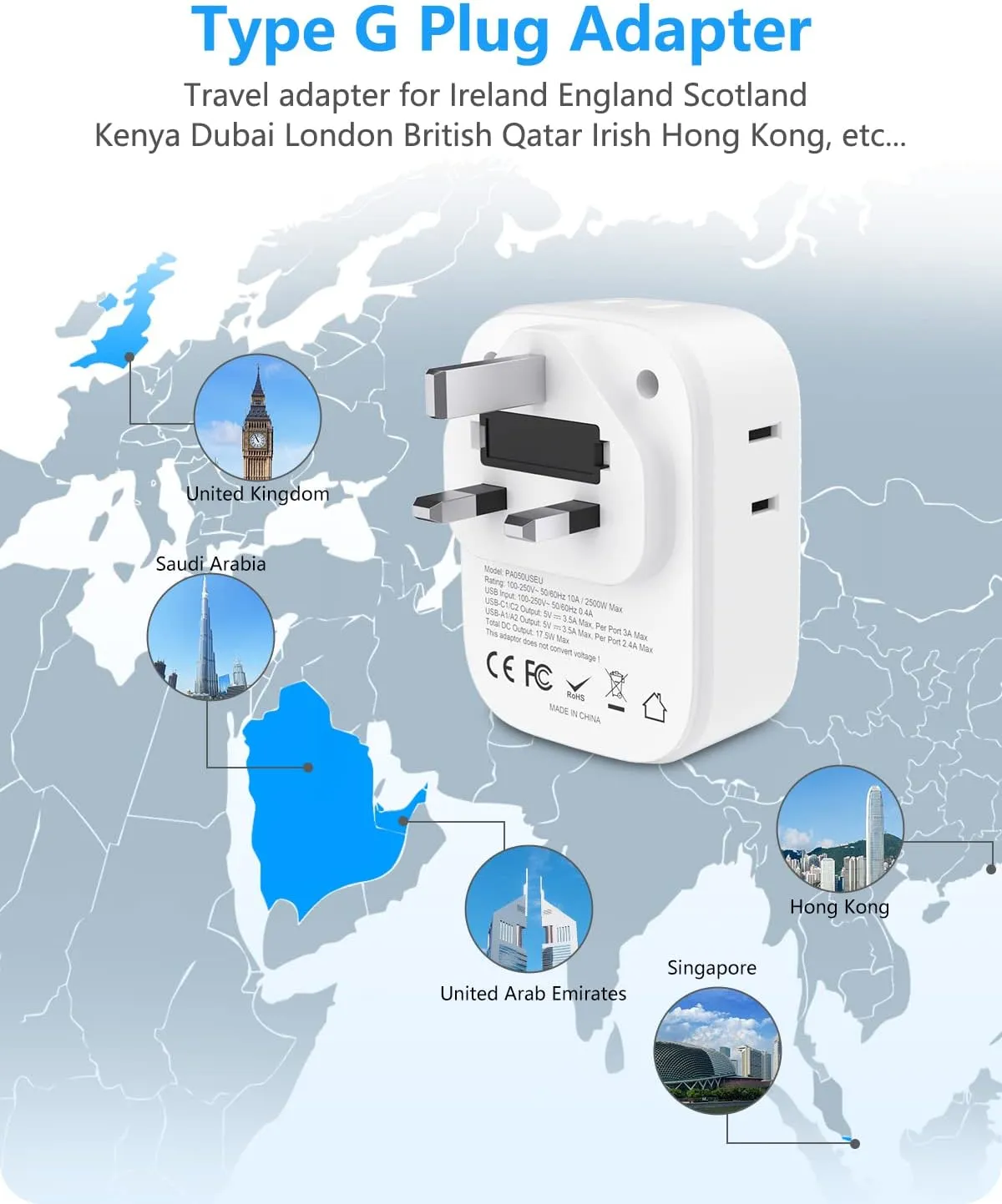 LENCENT 3 Pack US to UK Ireland Travel Plug Adapter, Grounded Type G Outlet Adaptor with 4 USB Charger(2 USB C), 4 Outlets Converter for USA to Dubai Scotland British London England Hong Kong Ireland