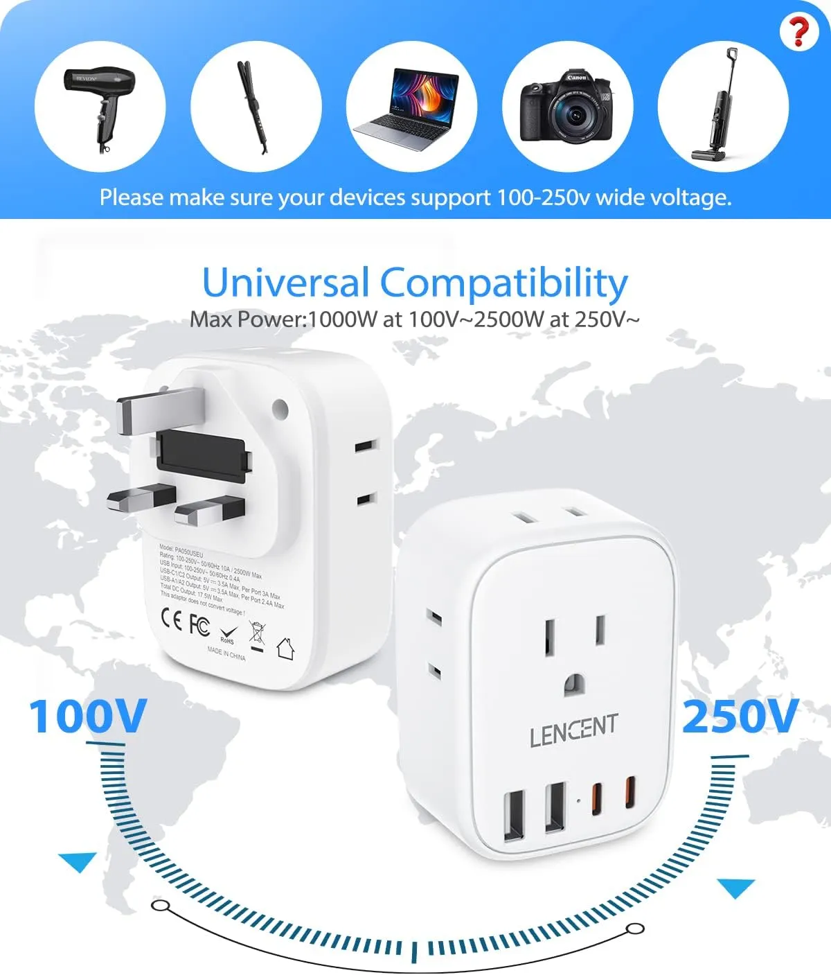 LENCENT 3 Pack US to UK Ireland Travel Plug Adapter, Grounded Type G Outlet Adaptor with 4 USB Charger(2 USB C), 4 Outlets Converter for USA to Dubai Scotland British London England Hong Kong Ireland