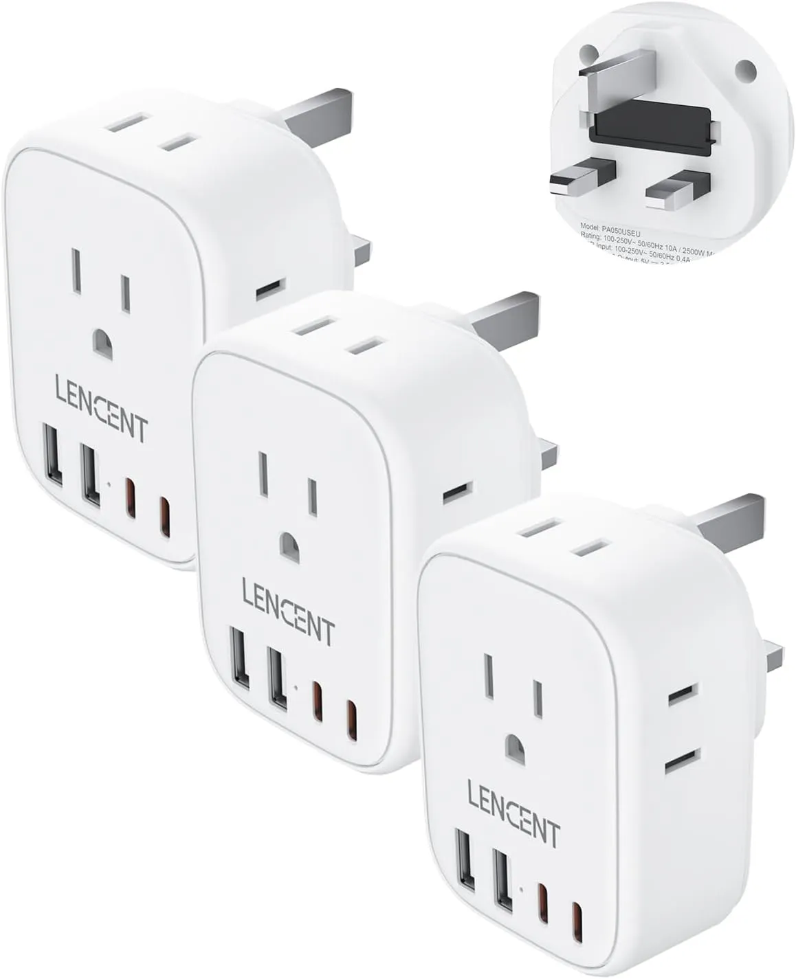LENCENT 3 Pack US to UK Ireland Travel Plug Adapter, Grounded Type G Outlet Adaptor with 4 USB Charger(2 USB C), 4 Outlets Converter for USA to Dubai Scotland British London England Hong Kong Ireland