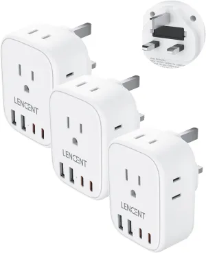LENCENT 3 Pack US to UK Ireland Travel Plug Adapter, Grounded Type G Outlet Adaptor with 4 USB Charger(2 USB C), 4 Outlets Converter for USA to Dubai Scotland British London England Hong Kong Ireland
