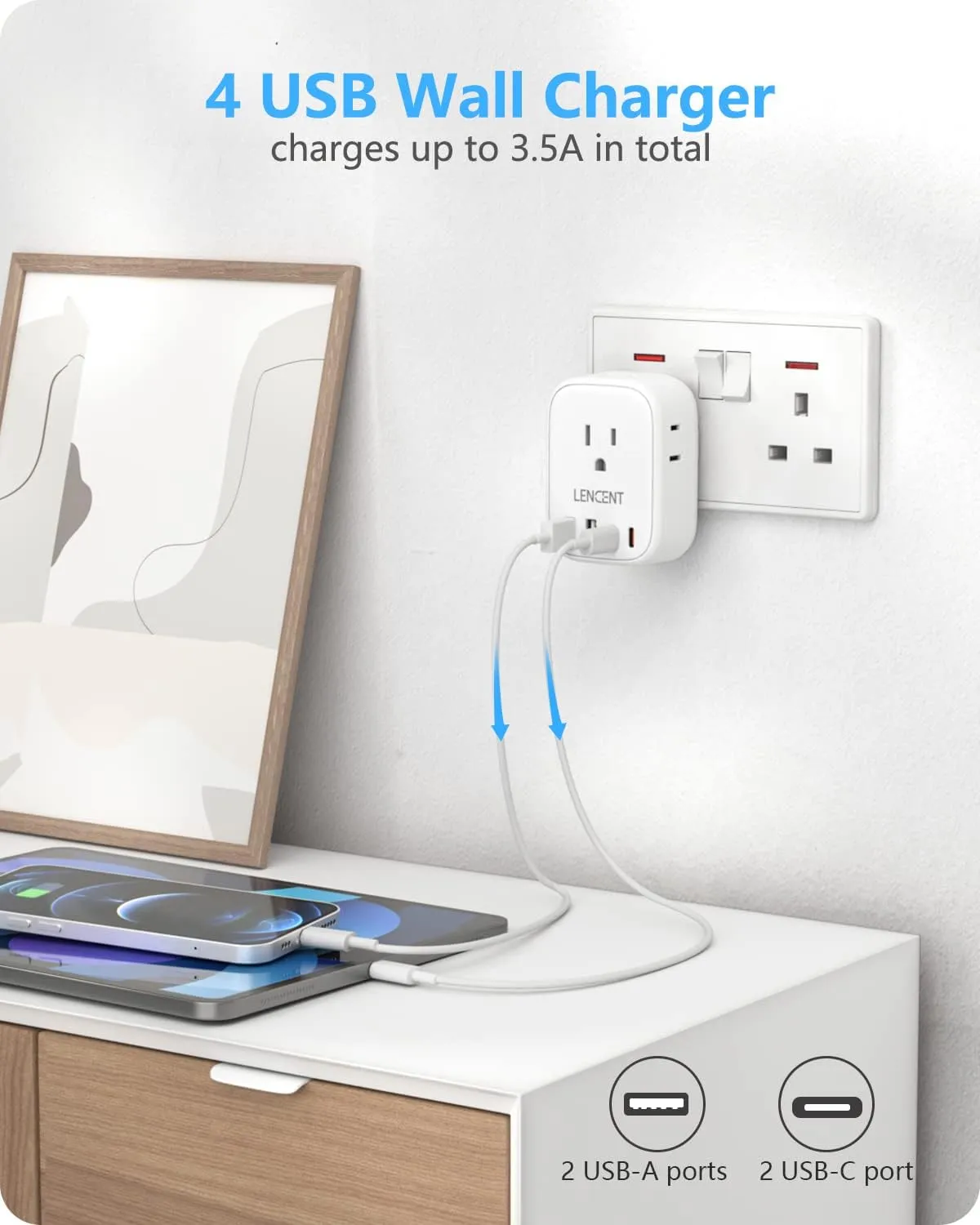 LENCENT 3 Pack US to UK Ireland Travel Plug Adapter, Grounded Type G Outlet Adaptor with 4 USB Charger(2 USB C), 4 Outlets Converter for USA to Dubai Scotland British London England Hong Kong Ireland