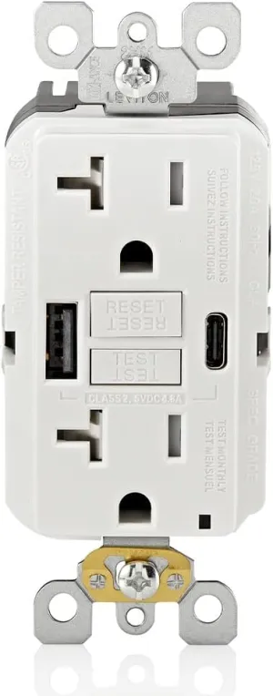 Leviton GUAC2-W 20A SmartlockPro Self-Test GFCI Combination with Type A & Type-C USB in-Wall, USB Charger for Smartphones and Tablets
