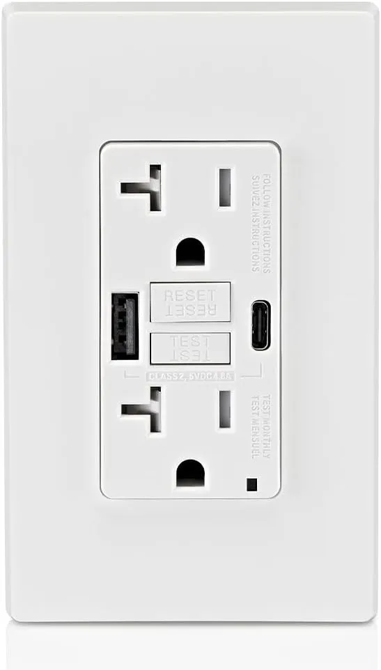 Leviton GUAC2-W 20A SmartlockPro Self-Test GFCI Combination with Type A & Type-C USB in-Wall, USB Charger for Smartphones and Tablets