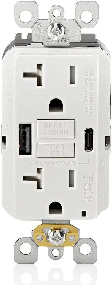Leviton GUAC2-W 20A SmartlockPro Self-Test GFCI Combination with Type A & Type-C USB in-Wall, USB Charger for Smartphones and Tablets