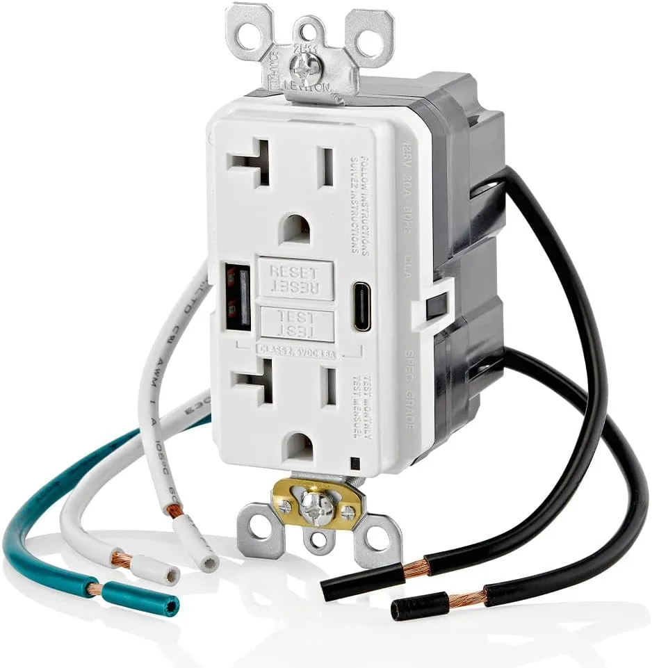 Leviton GUAC2-W 20A SmartlockPro Self-Test GFCI Combination with Type A & Type-C USB in-Wall, USB Charger for Smartphones and Tablets