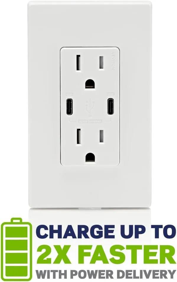 Leviton T5636-W 60W (6A) USB Dual Type-C/C Power Delivery in-Wall Charger with 15A Tamper-Resistant Outlet, USB Charger for Smartphones, Tablets, Laptops, White
