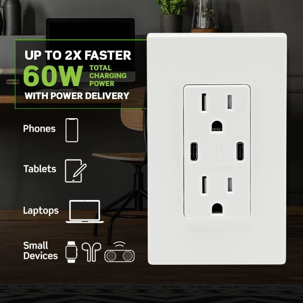 Leviton T5636-W 60W (6A) USB Dual Type-C/C Power Delivery in-Wall Charger with 15A Tamper-Resistant Outlet, USB Charger for Smartphones, Tablets, Laptops, White