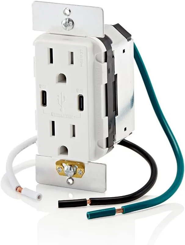 Leviton T5636-W 60W (6A) USB Dual Type-C/C Power Delivery in-Wall Charger with 15A Tamper-Resistant Outlet, USB Charger for Smartphones, Tablets, Laptops, White
