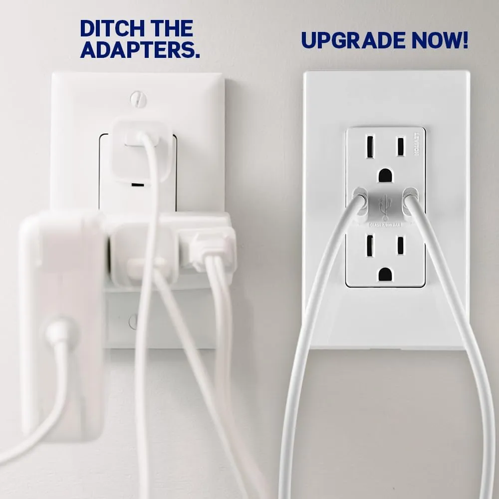 Leviton T5636-W 60W (6A) USB Dual Type-C/C Power Delivery in-Wall Charger with 15A Tamper-Resistant Outlet, USB Charger for Smartphones, Tablets, Laptops, White