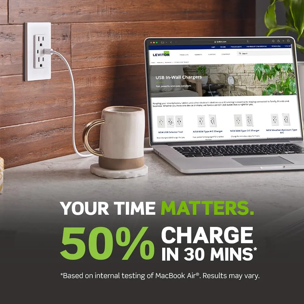 Leviton T5636-W 60W (6A) USB Dual Type-C/C Power Delivery in-Wall Charger with 15A Tamper-Resistant Outlet, USB Charger for Smartphones, Tablets, Laptops, White