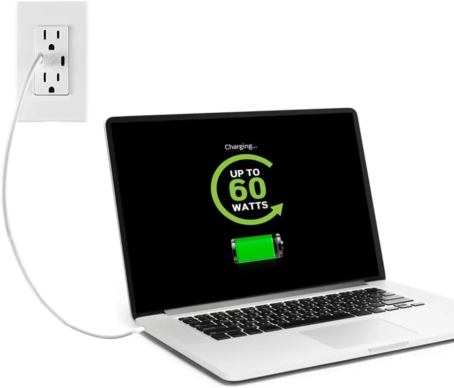 Leviton T5636-W 60W (6A) USB Dual Type-C/C Power Delivery in-Wall Charger with 15A Tamper-Resistant Outlet, USB Charger for Smartphones, Tablets, Laptops, White