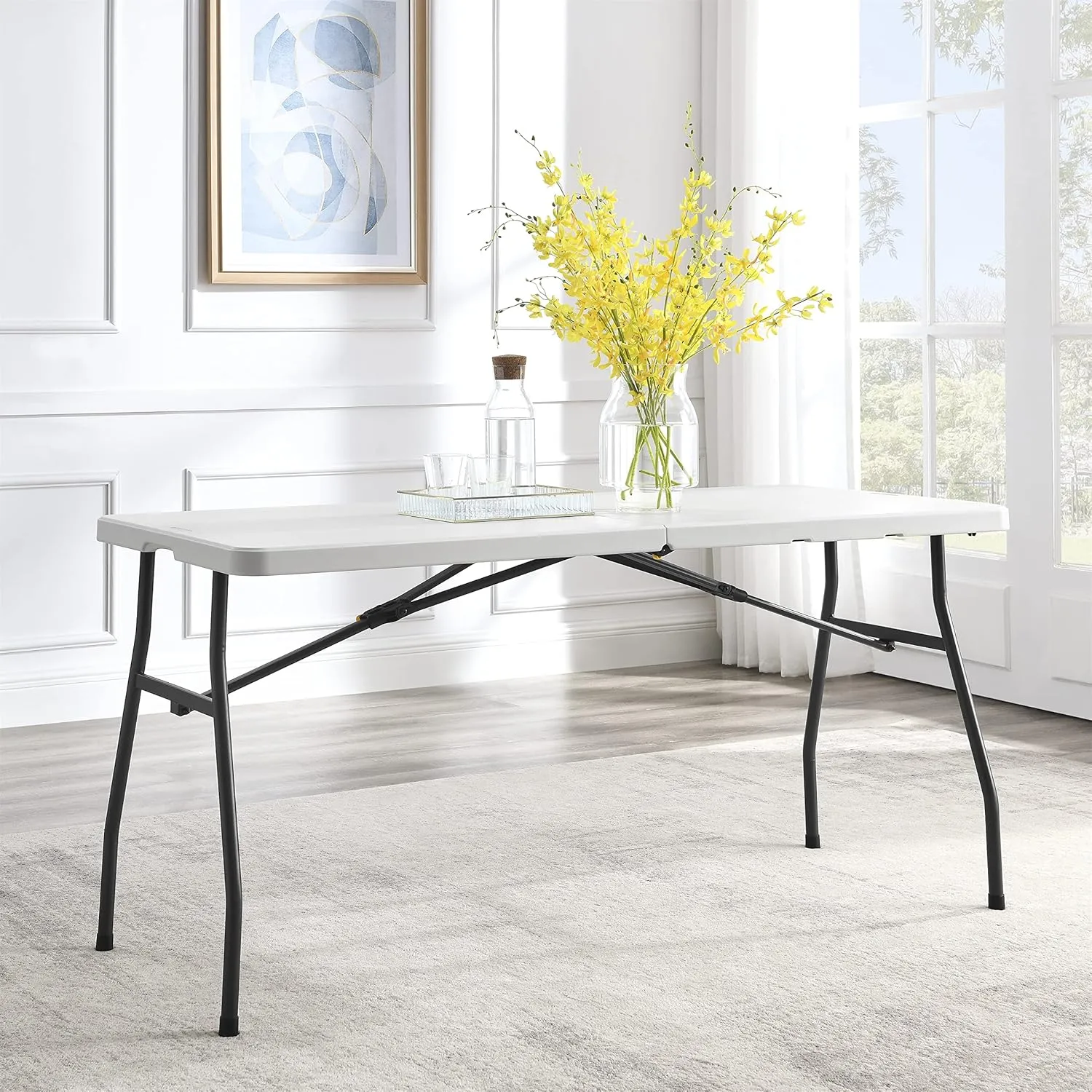 Living and More 5ft Half Folding Table, Portable Tables for Dining Parties Card Picnic Camping, White