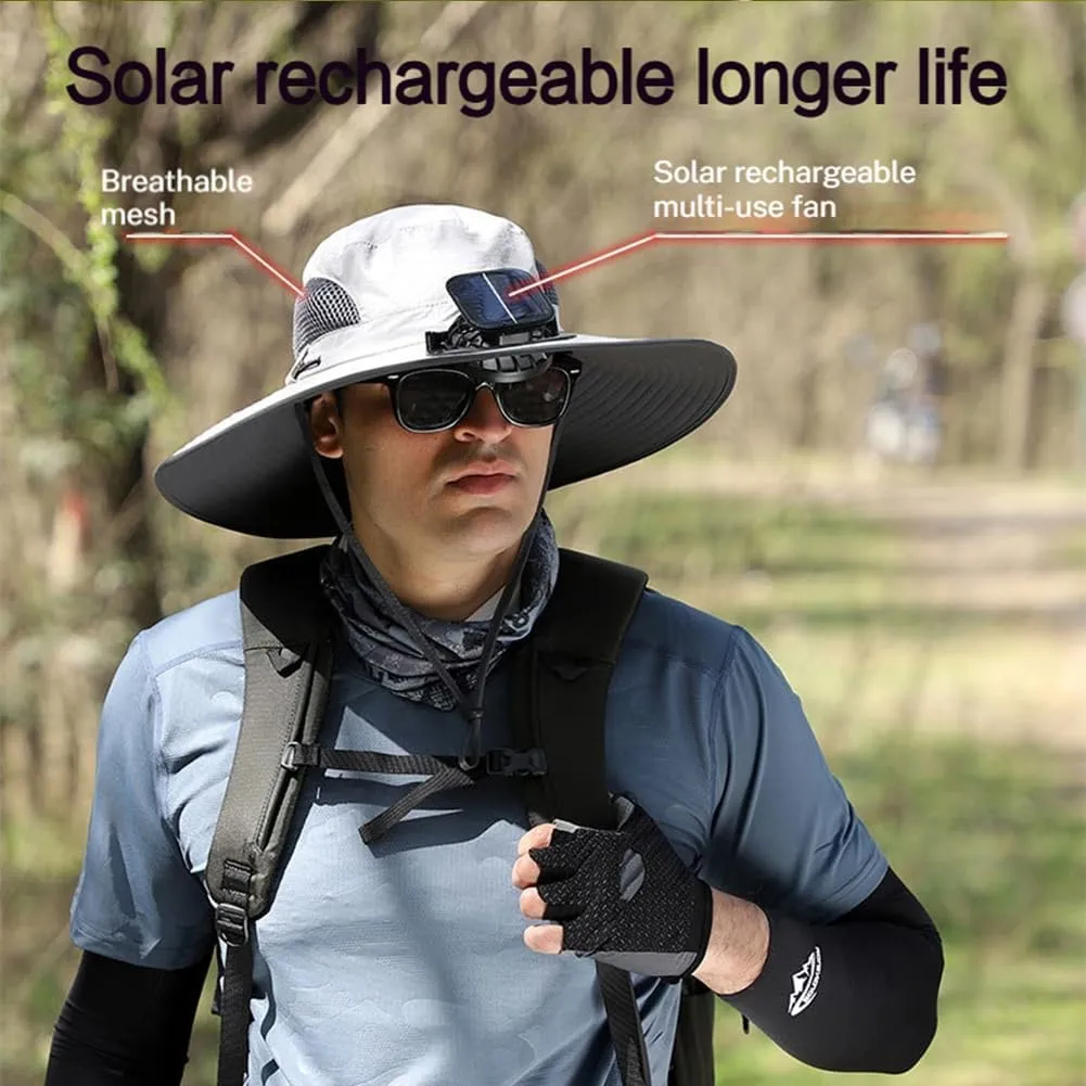 LONGLUAN Father's Day Wide Brim Solar Fan Outdoor Fishing Hat-Solar & USB Charging for Husbands and Fathers