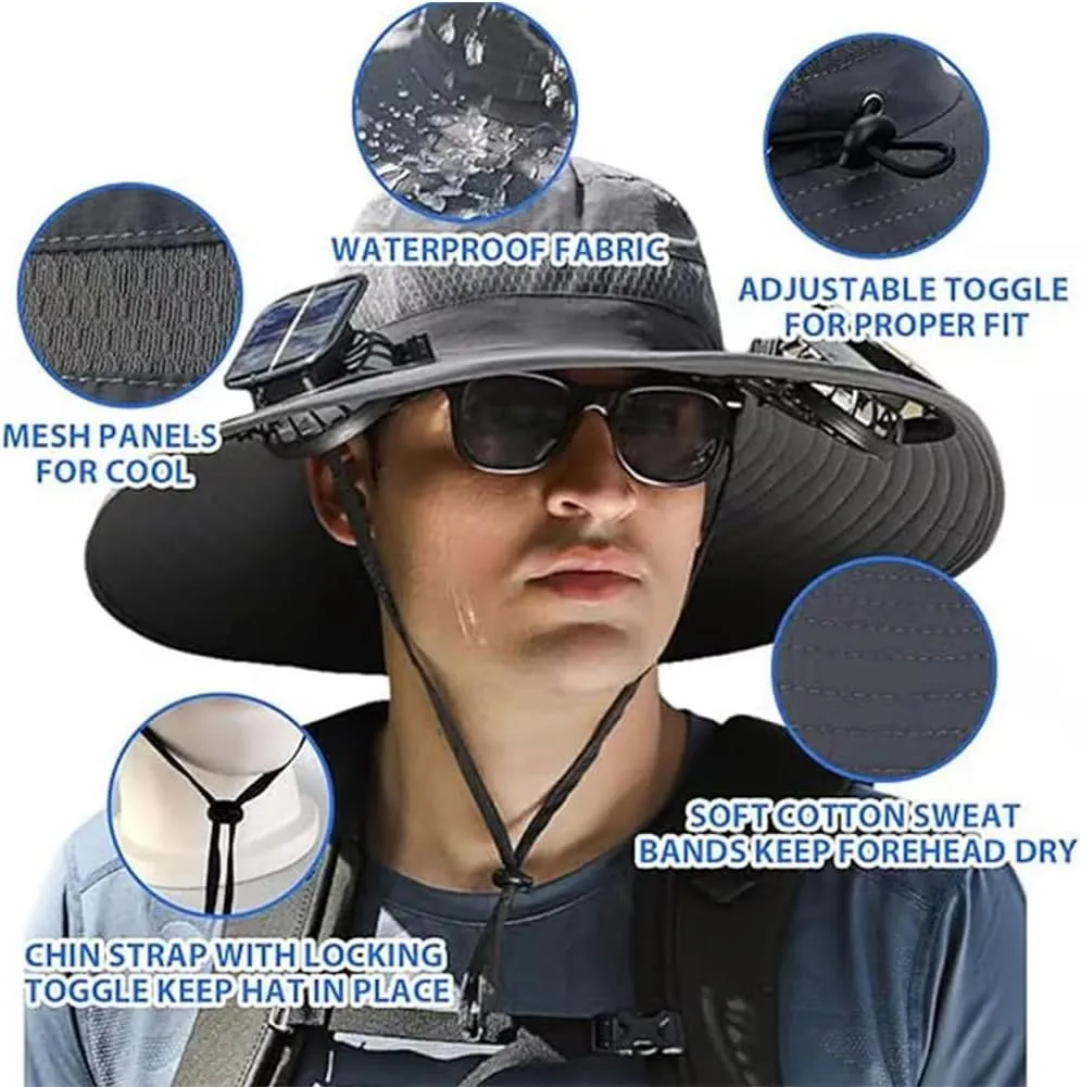 LONGLUAN Father's Day Wide Brim Solar Fan Outdoor Fishing Hat-Solar & USB Charging for Husbands and Fathers
