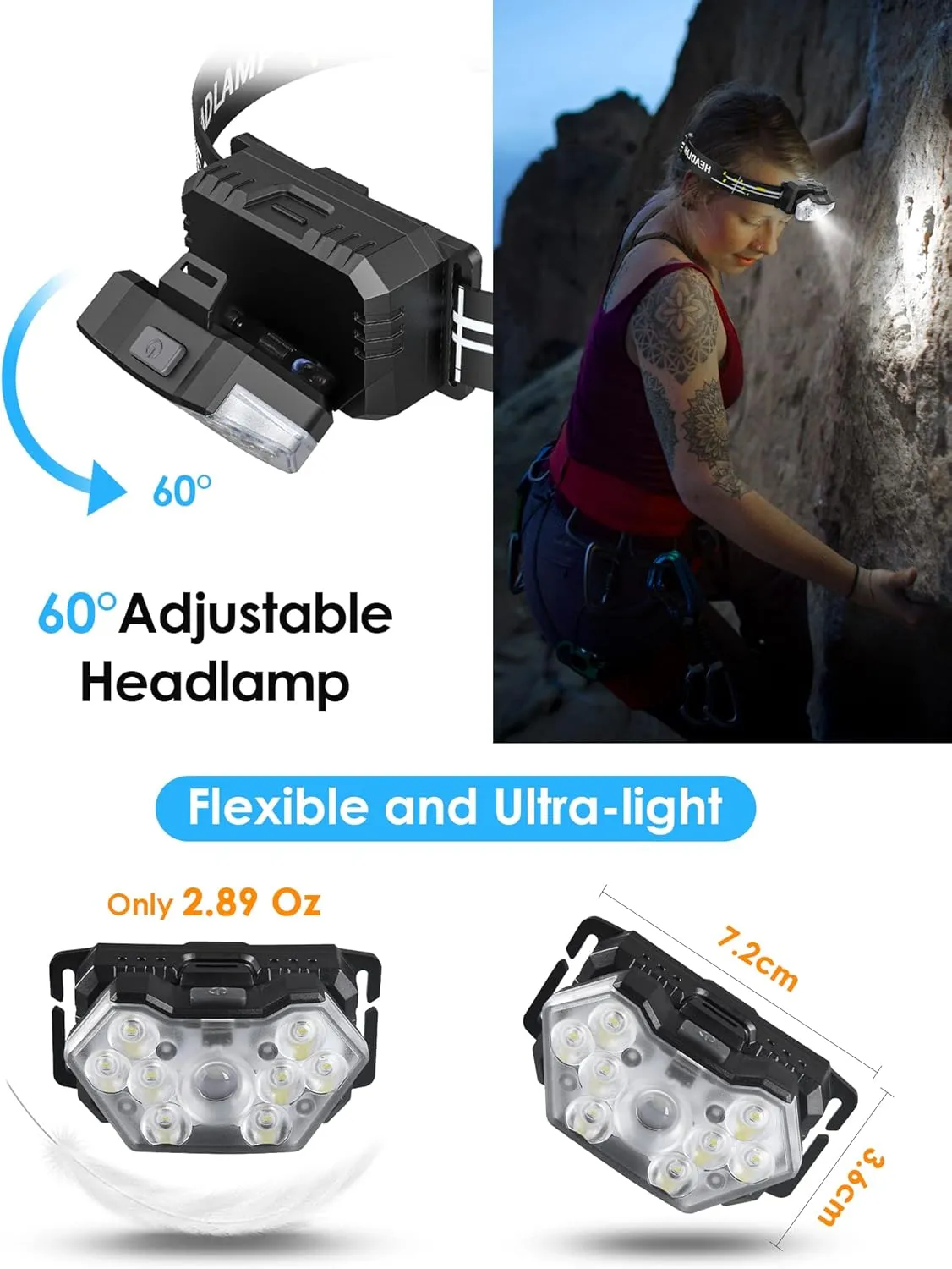 Lsnisni 9 LED Headlamp 2 Pack, 2000 Lumen Super Bright Head Lamp with 6 Modes, IPX5 Waterproof Head Light, Lightweight Head Flashlight for Kids Adults Camping Hiking - 6 AAA Batteries Included