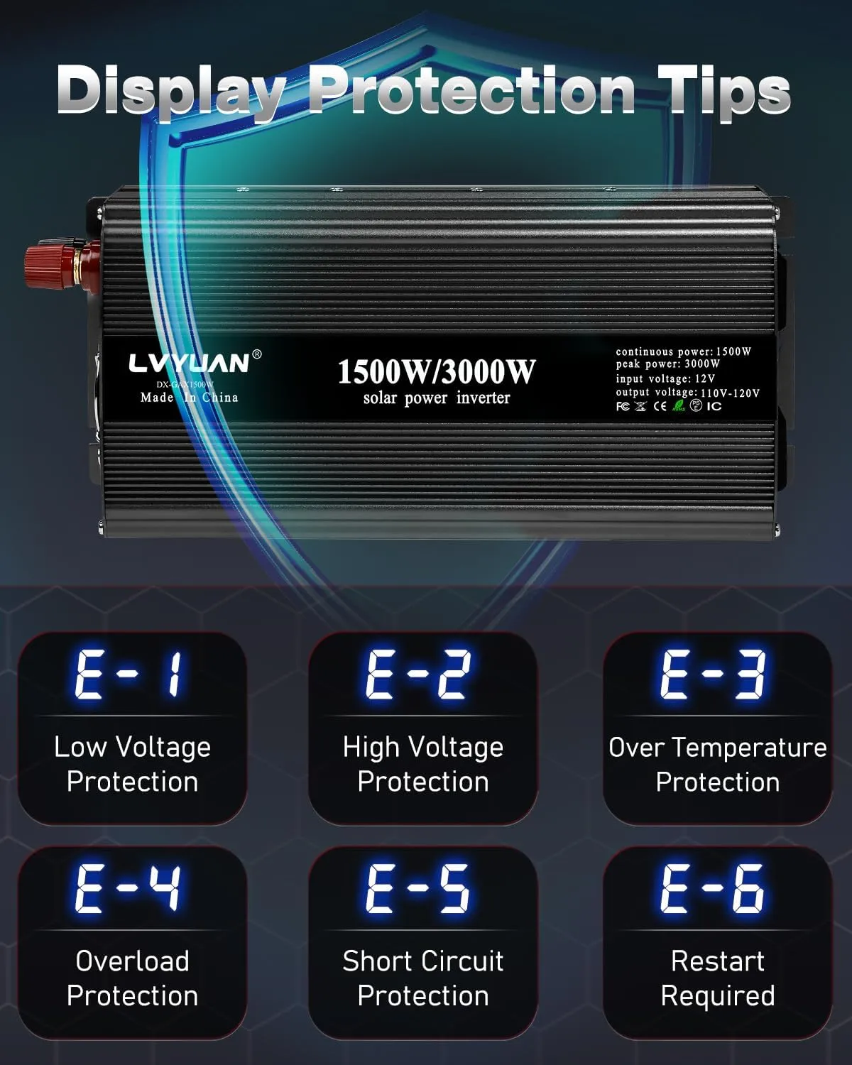LVYUAN 1500W Inverter Car Power Inverter 12V to 110V for Vehicles with LED Display, US Outlets, USB Ports for Camping Outdoor Car Yacht RV
