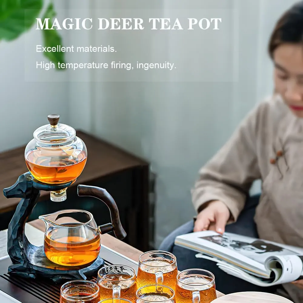 Magnetic Tea Pot, Lazy Kungfu Drip Teapot with Infuser, Heat-resistant Glass Deer Teapots Set, Semi-automatic Deer Glass Teapot Kettle Gifts for Friends Family (Black)