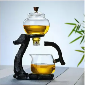 Magnetic Tea Pot, Lazy Kungfu Drip Teapot with Infuser, Heat-resistant Glass Deer Teapots Set, Semi-automatic Deer Glass Teapot Kettle Gifts for Friends Family (Black)