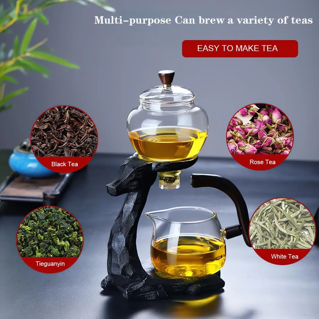 Magnetic Tea Pot, Lazy Kungfu Drip Teapot with Infuser, Heat-resistant Glass Deer Teapots Set, Semi-automatic Deer Glass Teapot Kettle Gifts for Friends Family (Black)