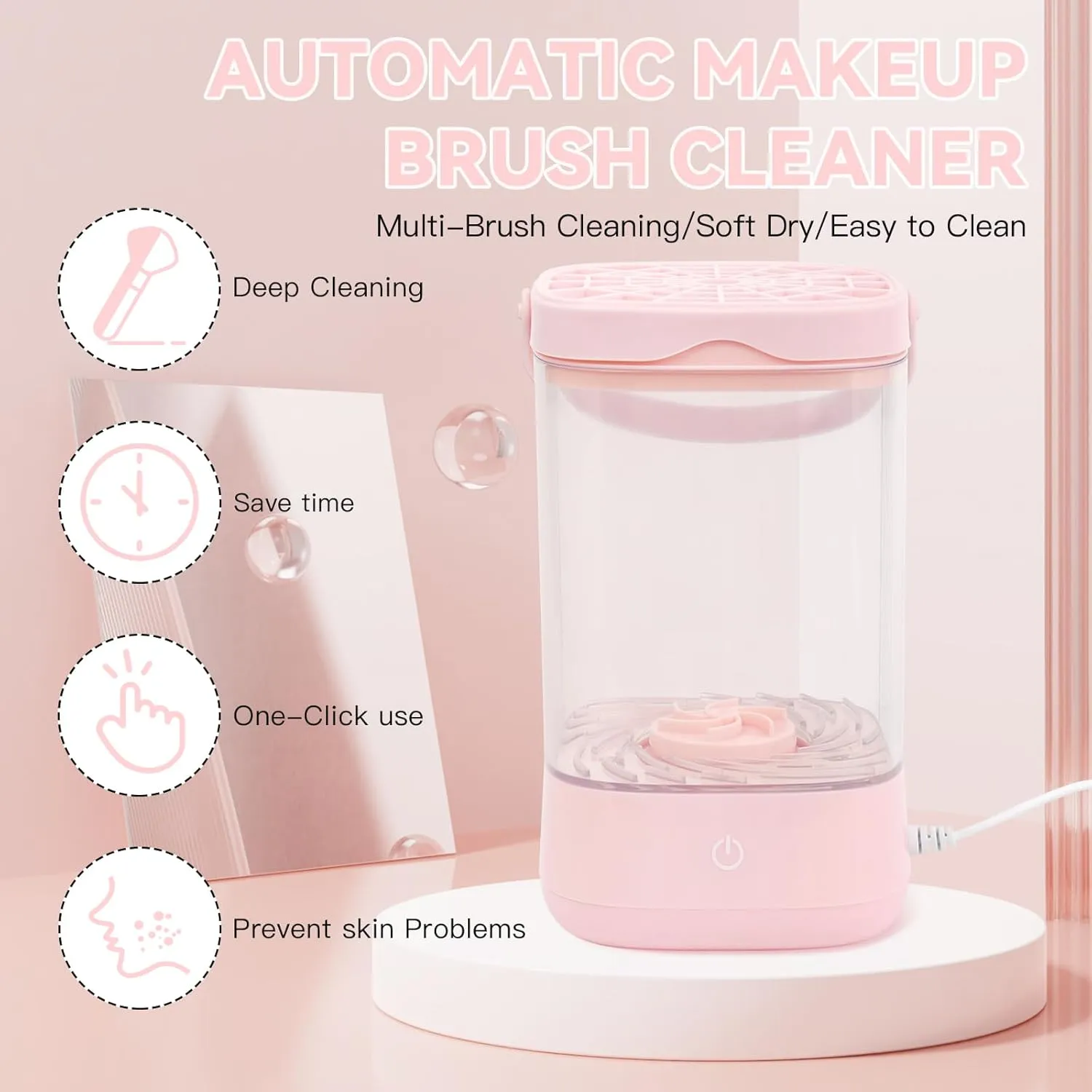 Makeup Brush Cleaner Machine, Automatic Spinning Make up Brush Cleaner with Brush Clean Mat for Makeup Sponges and Brushes Cleaning and Drying(Pink)