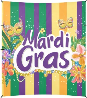 Mardi Gras Carnival Masks Beads Flowers Foldable Beach Cabana UPF50 Waterproof Large Sun Shelter with Sandbags & Sand Shovel for Backyard, Grassland, Park