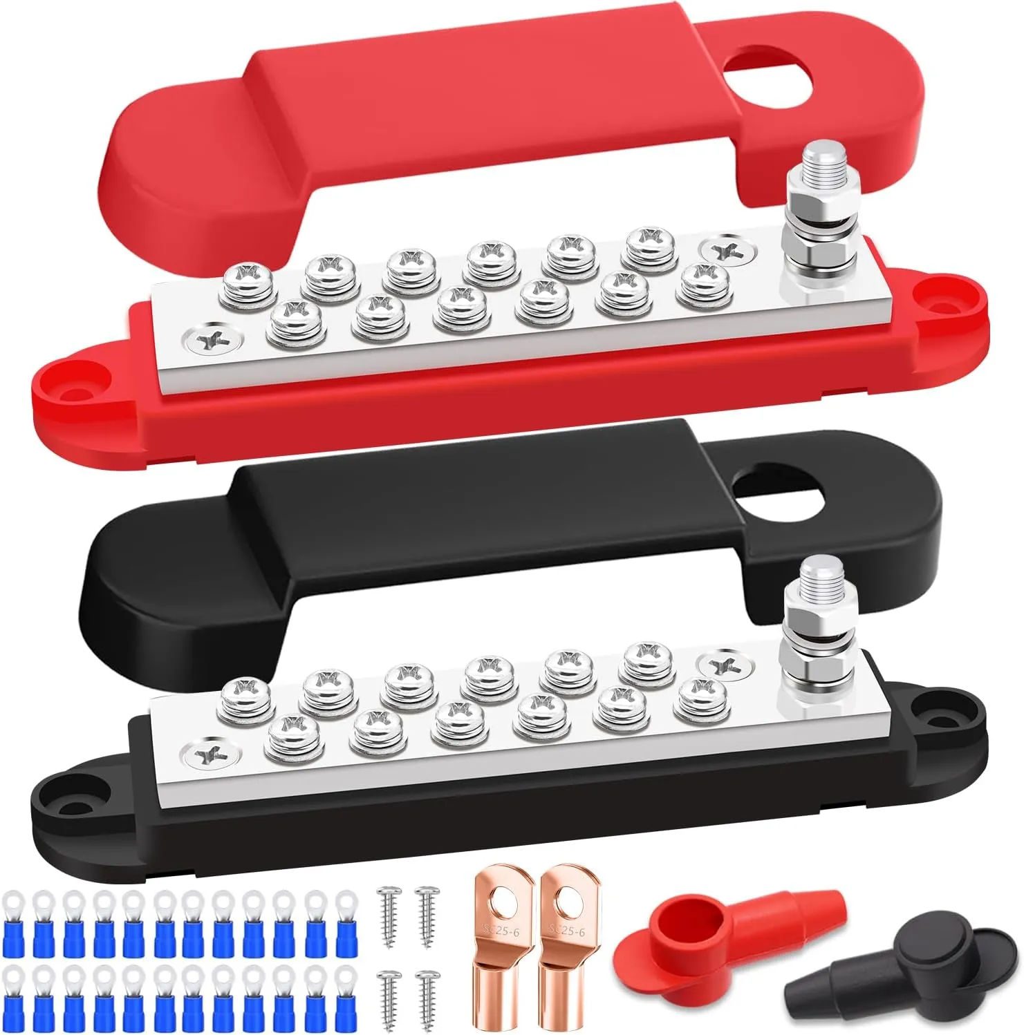 Marine Bus Bar 12V 150A 1/4" Stud Power Distribution Block, Buckle Designed Bottom Battery Busbar, Automotive Buss Bar 12v for Car, Boat and Solar Wiring (Black Red)