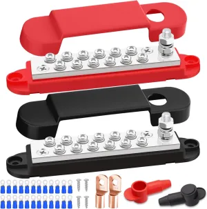 Marine Bus Bar 12V 150A 1/4" Stud Power Distribution Block, Buckle Designed Bottom Battery Busbar, Automotive Buss Bar 12v for Car, Boat and Solar Wiring (Black Red)