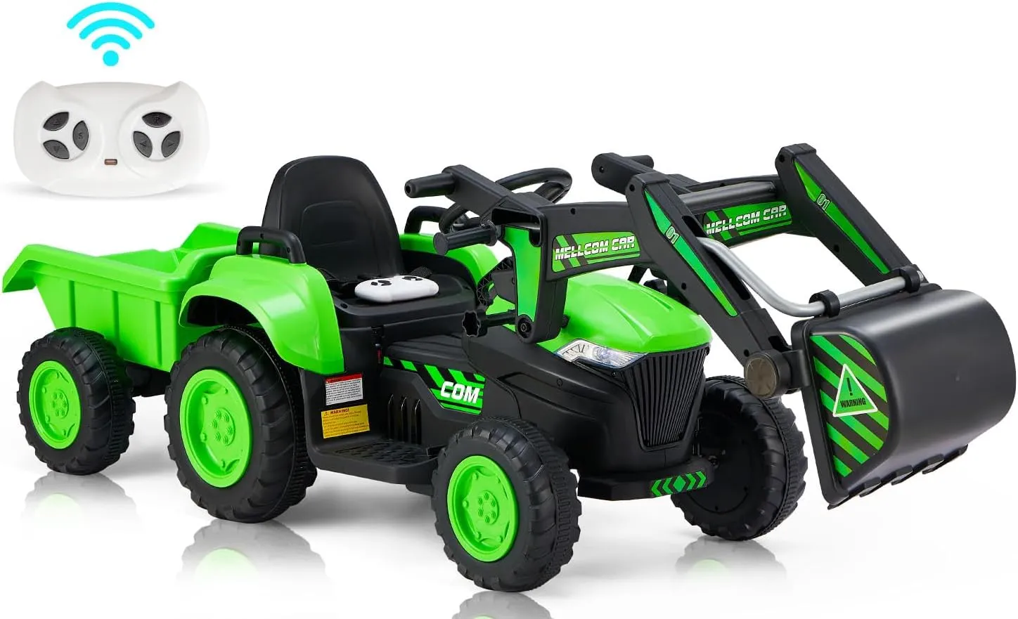 MELLCOM Ride on Excavator,12V Battery Powered Bulldozer Ride on Construction Vehicles with Trailer, Kids Car with Parent Remote, Ride on Toys with Digger, Horn, Lights, Safety Belt, Green