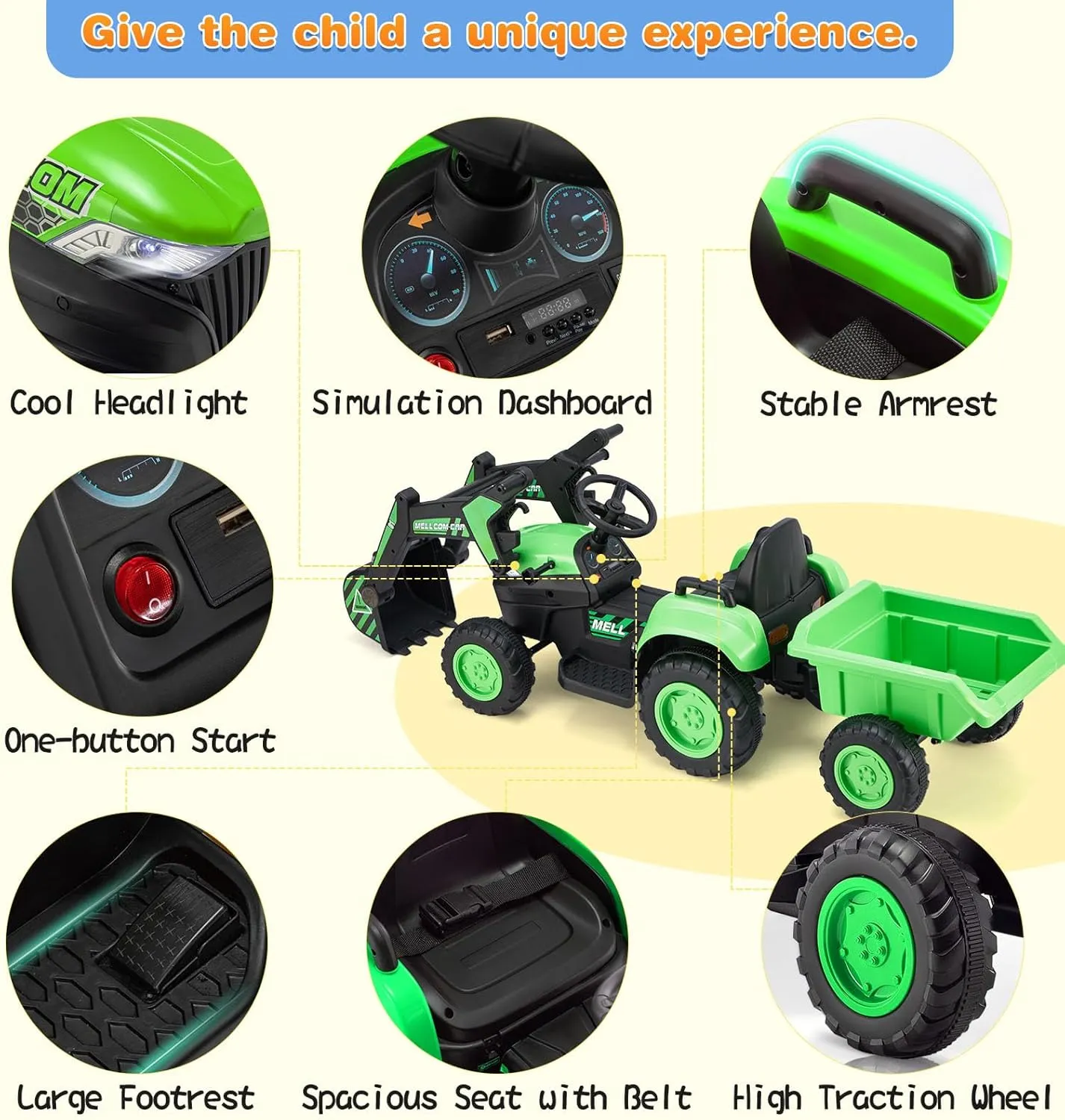 MELLCOM Ride on Excavator,12V Battery Powered Bulldozer Ride on Construction Vehicles with Trailer, Kids Car with Parent Remote, Ride on Toys with Digger, Horn, Lights, Safety Belt, Green