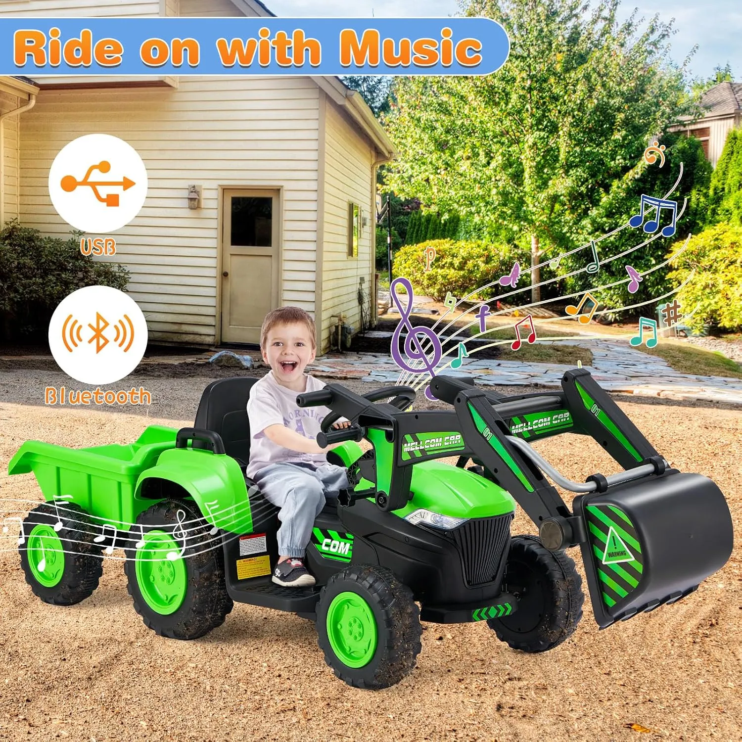 MELLCOM Ride on Excavator,12V Battery Powered Bulldozer Ride on Construction Vehicles with Trailer, Kids Car with Parent Remote, Ride on Toys with Digger, Horn, Lights, Safety Belt, Green
