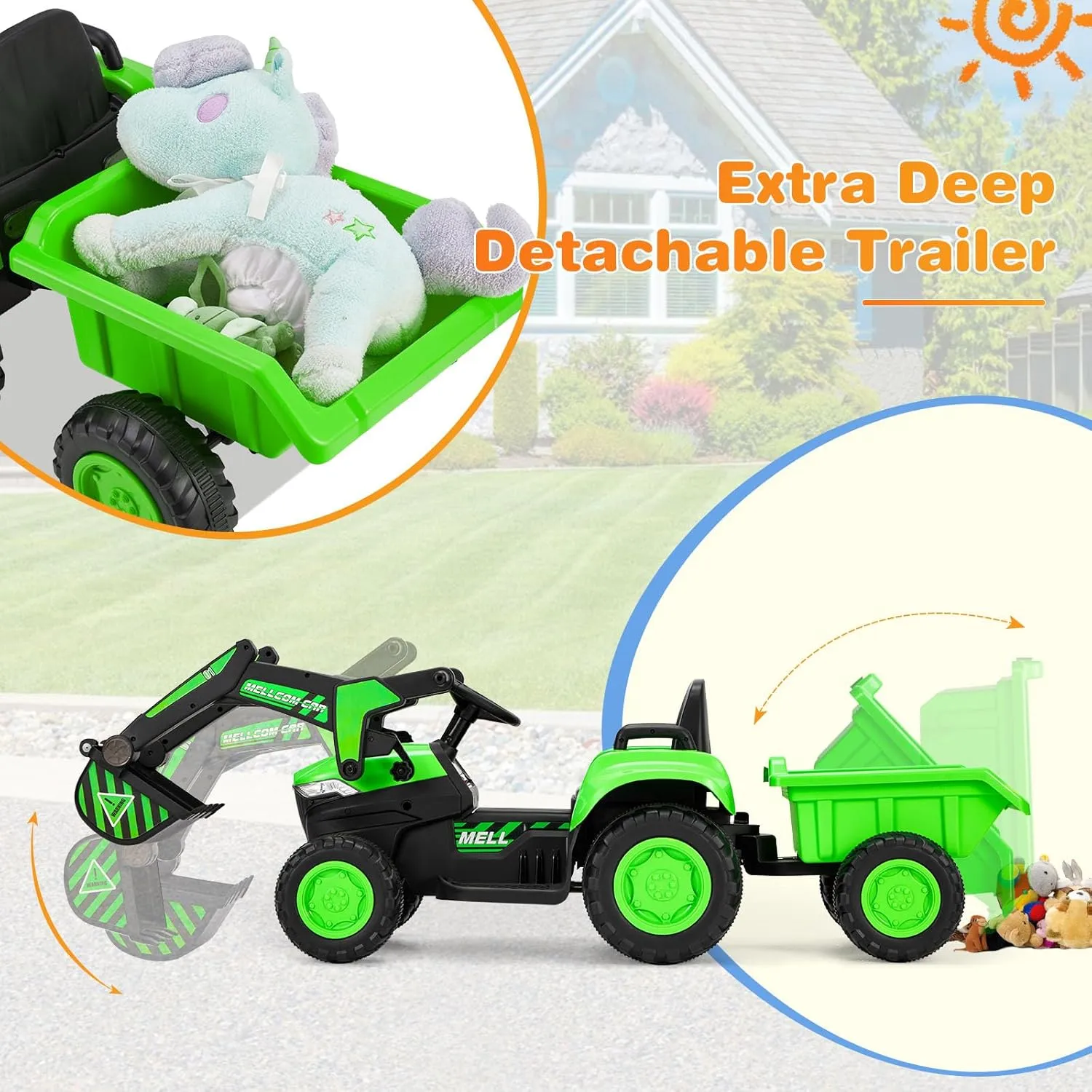 MELLCOM Ride on Excavator,12V Battery Powered Bulldozer Ride on Construction Vehicles with Trailer, Kids Car with Parent Remote, Ride on Toys with Digger, Horn, Lights, Safety Belt, Green