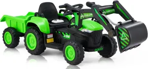 MELLCOM Ride on Excavator,12V Battery Powered Bulldozer Ride on Construction Vehicles with Trailer, Kids Car with Parent Remote, Ride on Toys with Digger, Horn, Lights, Safety Belt, Green