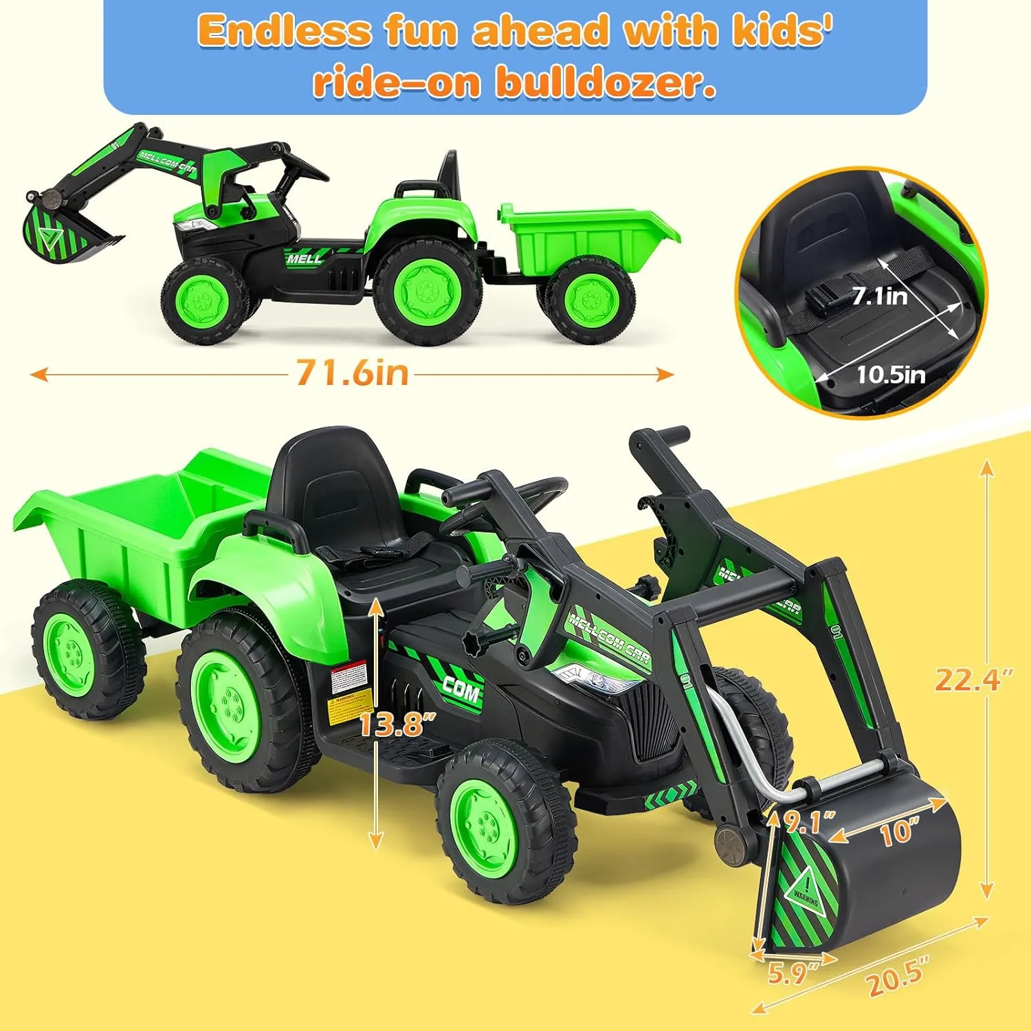 MELLCOM Ride on Excavator,12V Battery Powered Bulldozer Ride on Construction Vehicles with Trailer, Kids Car with Parent Remote, Ride on Toys with Digger, Horn, Lights, Safety Belt, Green