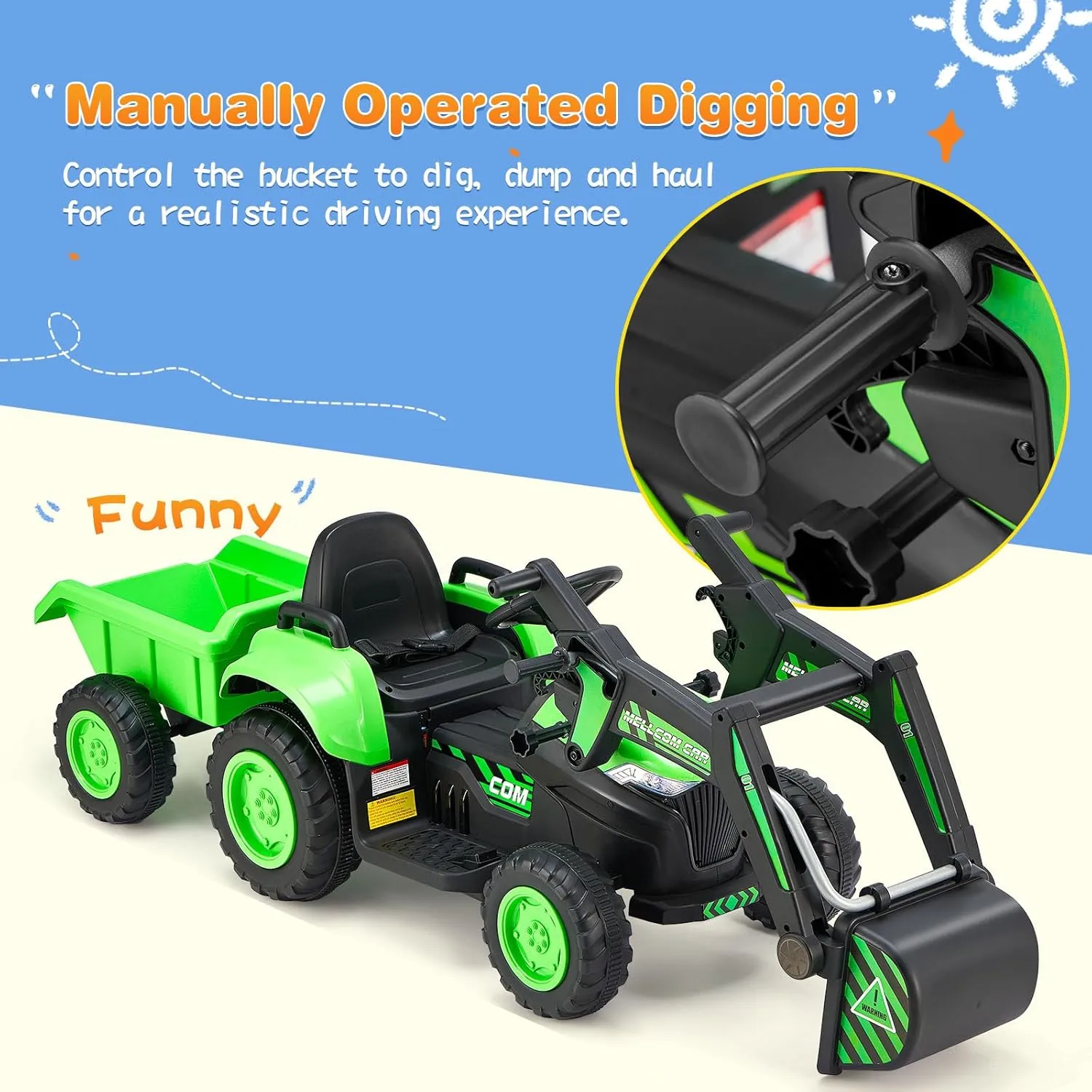 MELLCOM Ride on Excavator,12V Battery Powered Bulldozer Ride on Construction Vehicles with Trailer, Kids Car with Parent Remote, Ride on Toys with Digger, Horn, Lights, Safety Belt, Green