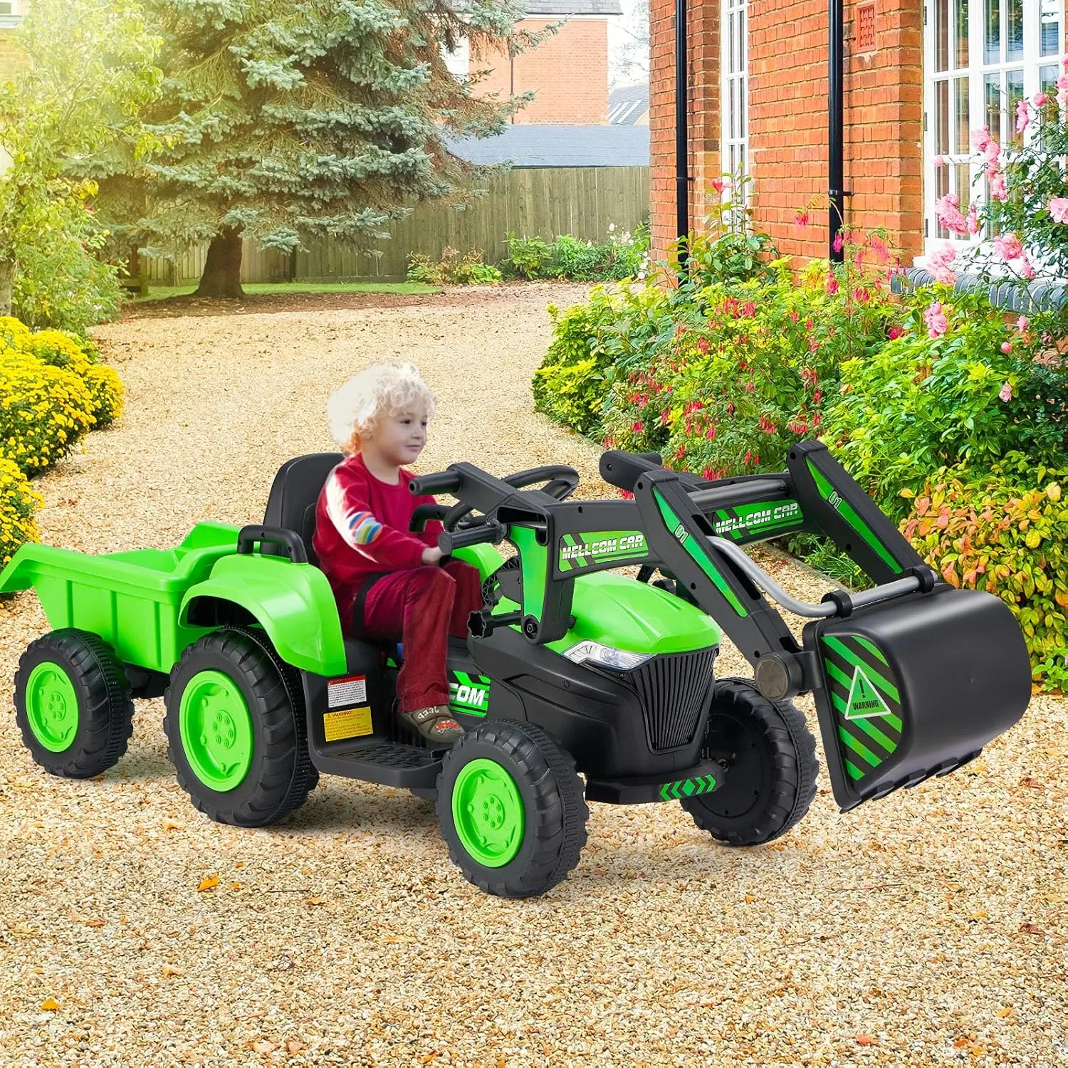 MELLCOM Ride on Excavator,12V Battery Powered Bulldozer Ride on Construction Vehicles with Trailer, Kids Car with Parent Remote, Ride on Toys with Digger, Horn, Lights, Safety Belt, Green
