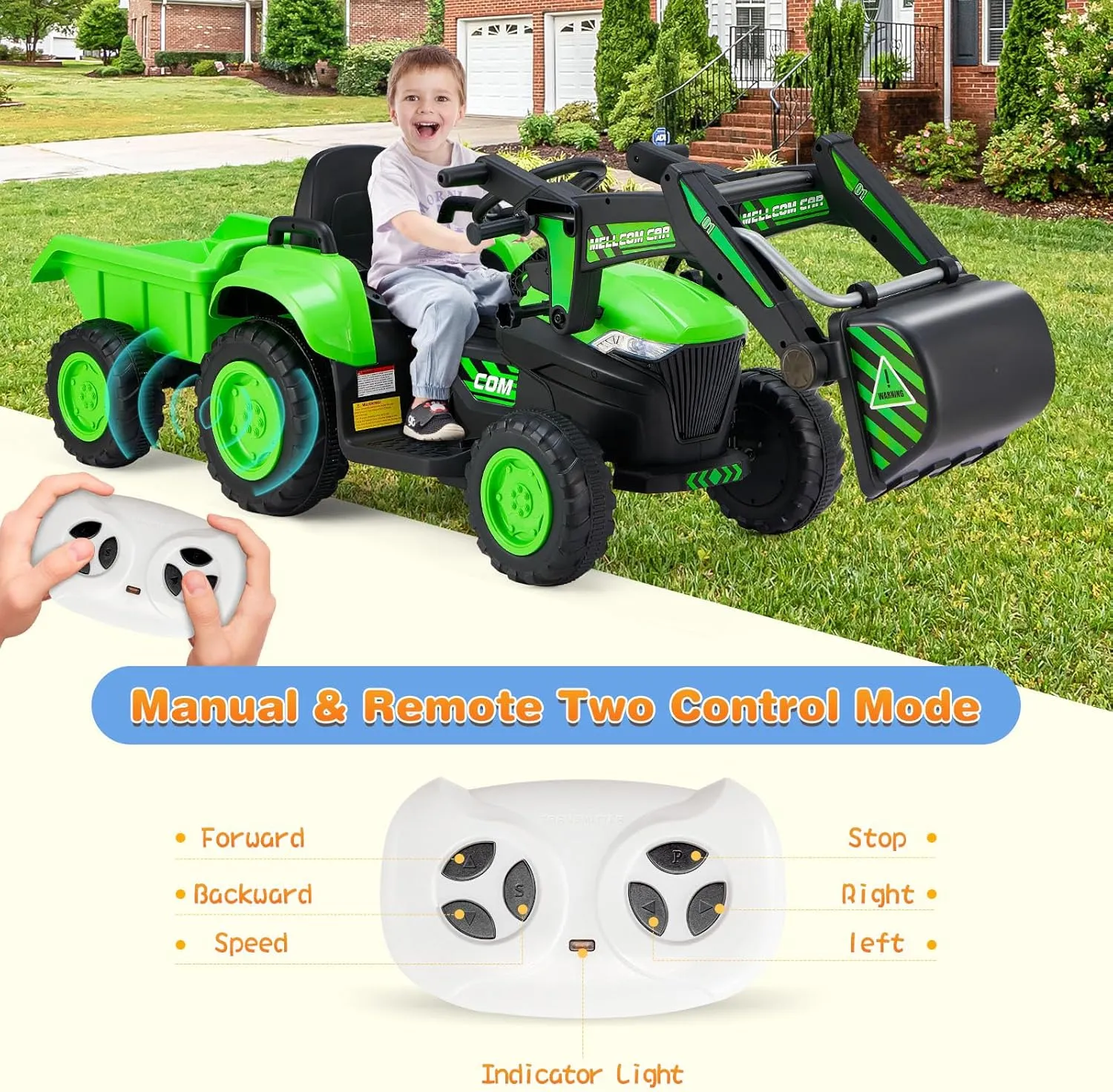 MELLCOM Ride on Excavator,12V Battery Powered Bulldozer Ride on Construction Vehicles with Trailer, Kids Car with Parent Remote, Ride on Toys with Digger, Horn, Lights, Safety Belt, Green