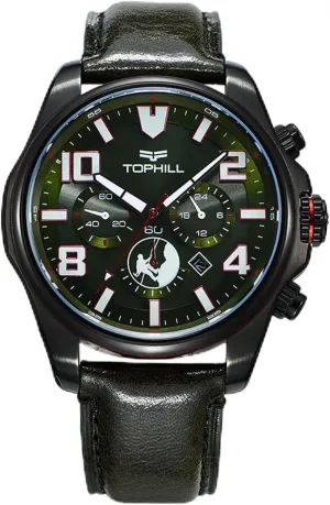 Men's Solar Chronograph Watch, Multifunctional Eco-Drive Luminous Wristwatch, Synthetic Sapphire Crystal, Waterproof 100M, Genuine Italian Leather Band, Military Green Dial TL021G