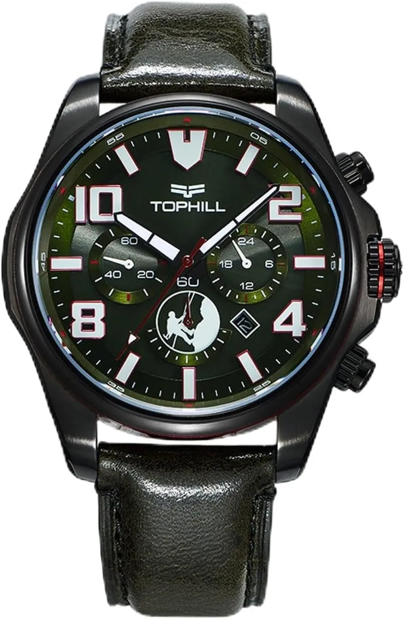 Men's Solar Chronograph Watch, Multifunctional Eco-Drive Luminous Wristwatch, Synthetic Sapphire Crystal, Waterproof 100M, Genuine Italian Leather Band, Military Green Dial TL021G