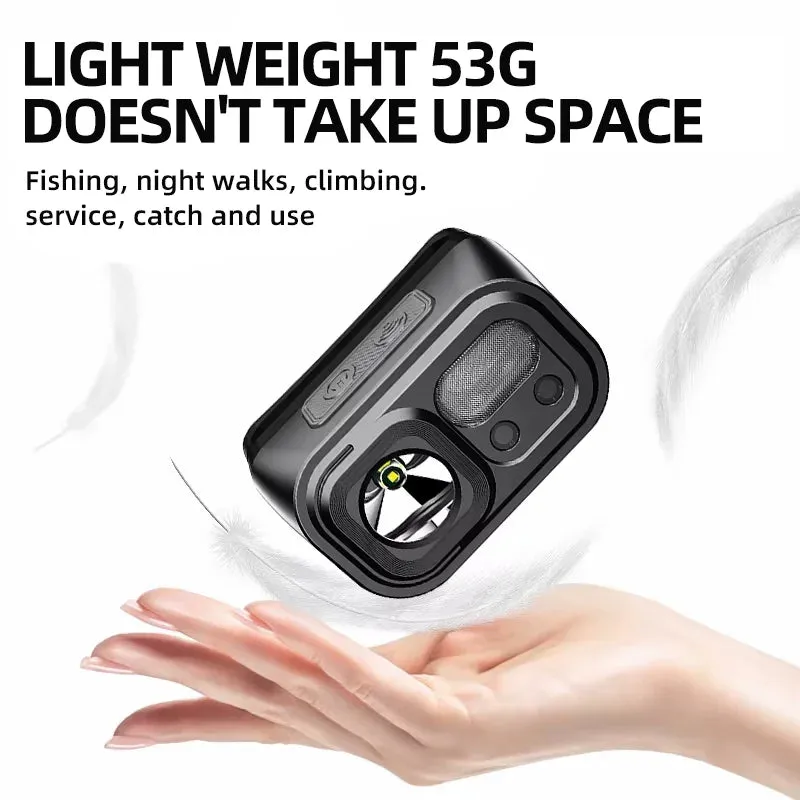 Mini Powerful Headlamp USB-C Rechargeable LED Light Sensor for Hiking Camping and Work