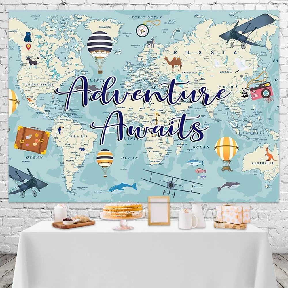 Mocsicka Adventure Awaits Backdrop Travel Themed Let The Adventure Begin Party Decorations World Map Travel Around The World Airplane Birthday Photo Background Banner (7x5ft)