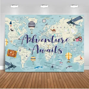 Mocsicka Adventure Awaits Backdrop Travel Themed Let The Adventure Begin Party Decorations World Map Travel Around The World Airplane Birthday Photo Background Banner (7x5ft)
