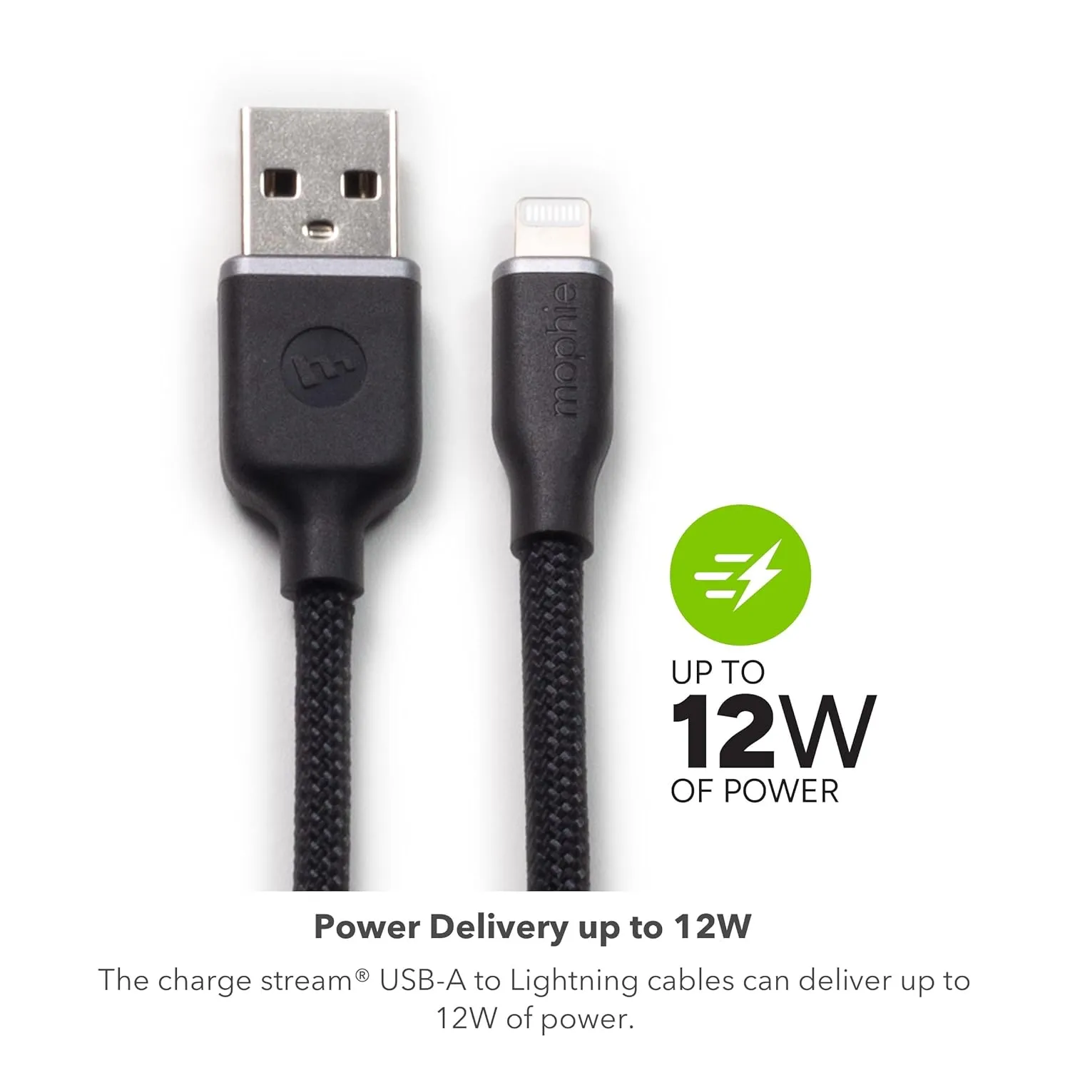 mophie Charge Stream USB-A to Lightning 1m/3ft Silicone Cable - Long-Lasting Braided Cord with Enduraflex, Fast Charge Compatible & 12W Power Delivery