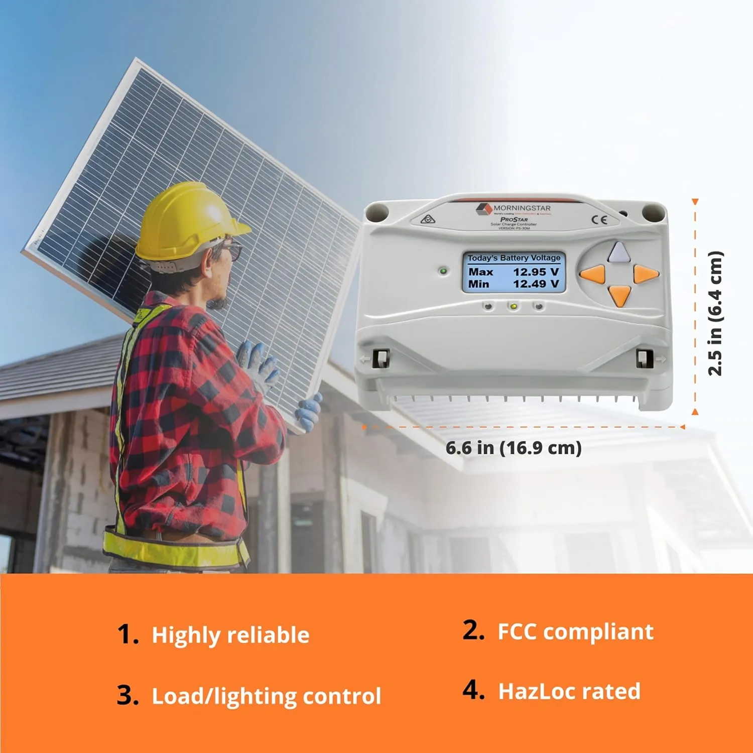 Morningstar Prostar 30A PWM Solar Charge Controller w/ Meter (PS-30M) - Solar Panel Regulator, Supports 12V/24V LA/Lithium Batteries, LVD/Lighting Ctrl, HazLoc Rated, Low Noise - Designed in The USA